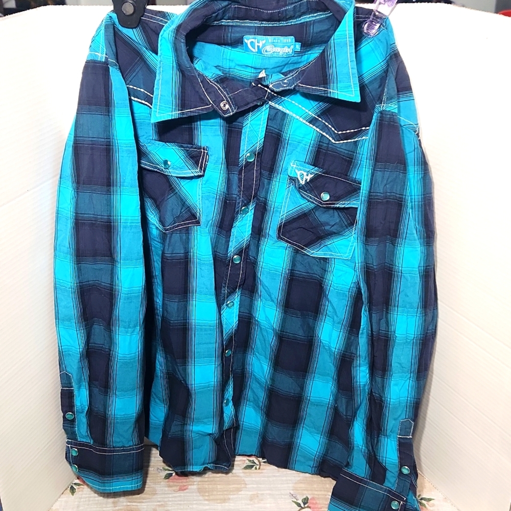 Cowgirl Hardware Pearl Snap Long Sleeve Shirt Small Sequins Turquoise Black XL